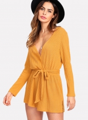 V Neck Long Sleeve Solid Romper with Belt