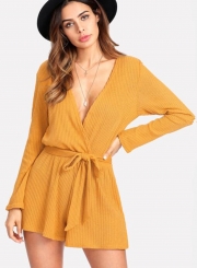 V Neck Long Sleeve Solid Romper with Belt