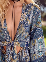 Boho V Neck Long Sleeve knot front Romper