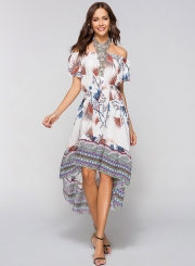 Off Shoulder Short Sleeve Floral Printed High Low Dress