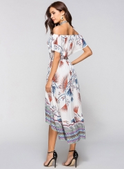 Off Shoulder Short Sleeve Floral Printed High Low Dress