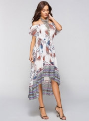 Off Shoulder Short Sleeve Floral Printed High Low Dress