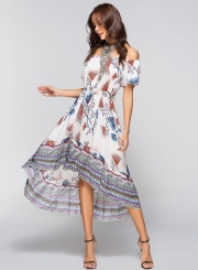 Off Shoulder Short Sleeve Floral Printed High Low Dress