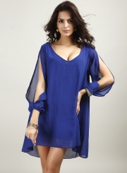 V Neck Slit Sleeve Chiffon Mini Dress