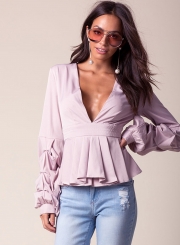 V Neck Ruffle Sleeve Peplum Blouse