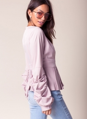 V Neck Ruffle Sleeve Peplum Blouse