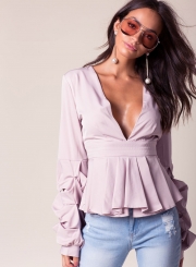 V Neck Ruffle Sleeve Peplum Blouse