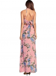 Halter Sleeveless Floral Slit Maxi Boho Chiffon Dress