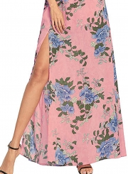 Halter Sleeveless Floral Slit Maxi Boho Chiffon Dress