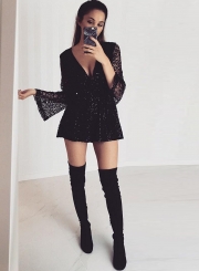 V Neck Flare Sleeve Lace Romper