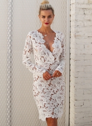 Fashion V Neck Long Sleeve Lace Bodycon Midi Dress