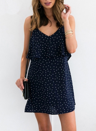 V Neck Sleeveless Backless Polka Dots Chiffon Dress