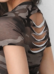 Fashion Short Sleeve Ripped Camo Crop Tee