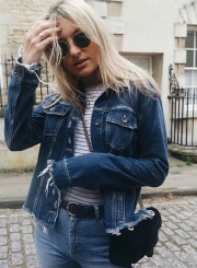 Fashion Long Sleeve Ripped Denim Jacket