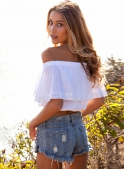 Off Shoulder Short Sleeve Ruffle Crop Top