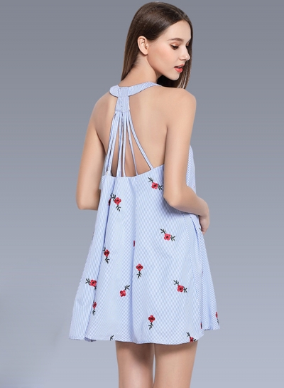 Stripe Floral Embroidery Sleeveless Halter Dress zecalaba.com