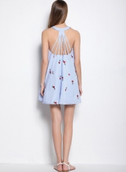 Stripe Floral Embroidery Sleeveless Halter Dress