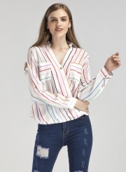 Stripe V Neck Chiffon Blouse