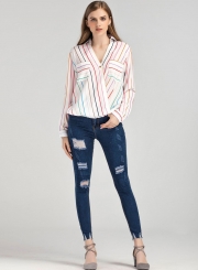 Stripe V Neck Chiffon Blouse