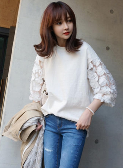 Casual 3/4 Sleeve Floral Lace Tee