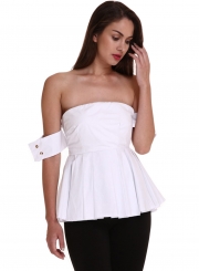 Fashion Off Shoulder Short Sleeve Pleated Blouse