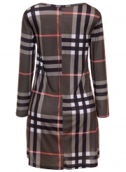 Fashion Round Neck Long Sleeve Plaid Printed Dress