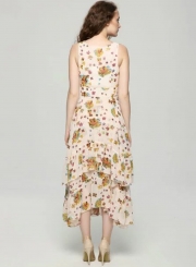 V Neck Sleeveless Floral Irregular Maxi Dress