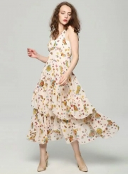 V Neck Sleeveless Floral Irregular Maxi Dress