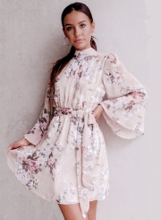 Mock Neck Long Sleeve Backless Tie Waist Floral Dress