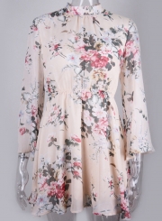 Mock Neck Long Sleeve Backless Tie Waist Floral Dress