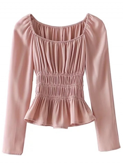 Fashion Long Sleeve Elastic Waist Ruched Blouse