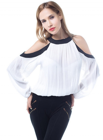 Fashion Off Shoulder Long Sleeve Loose Chiffon Blouse zecalaba.com