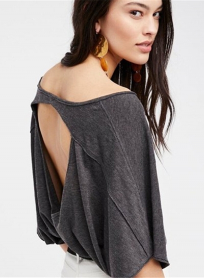 V Neck Short Sleeve Backless Loose Tee zecalaba.com