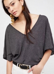 V Neck Short Sleeve Backless Loose Tee