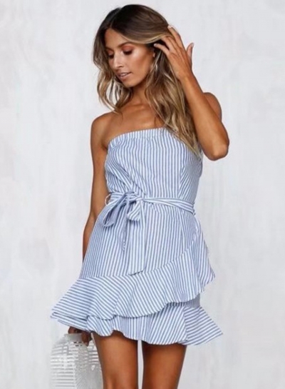 Stripe Strapless Flounce Dress with Belt