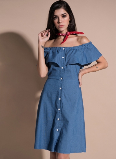 Off Shoulder Ruffle Denim Dress zecalaba.com