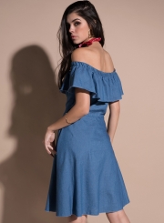 Off Shoulder Ruffle Denim Dress