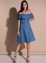 Off Shoulder Ruffle Denim Dress