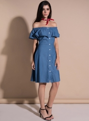 Off Shoulder Ruffle Denim Dress