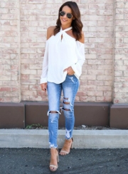 Halter Off Shoulder Long Sleeve Loose Blouse