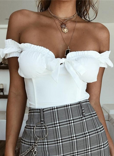 Fashion Off Shoulder Short Sleeve Bow Blouse zecalaba.com