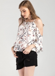 Fashion Off Shoulder Flare Sleeve Floral Chiffon Blouse