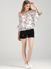 Fashion Off Shoulder Flare Sleeve Floral Chiffon Blouse