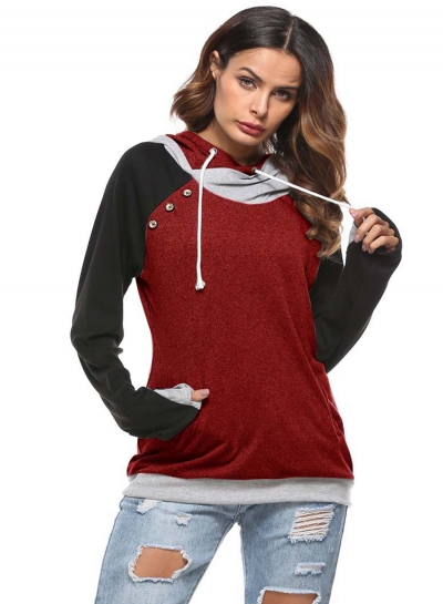 Fashion Long Sleeve Color Block Pullover Hoodie