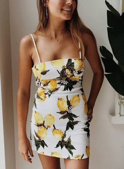 Fashion Spaghetti Strap Sleeveless Lemon Printed Dress