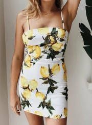 Fashion Spaghetti Strap Sleeveless Lemon Printed Dress