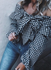 Fashion Plaid Off Shoulder Long Sleeve Flounce Blouse