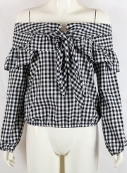 Fashion Plaid Off Shoulder Long Sleeve Flounce Blouse