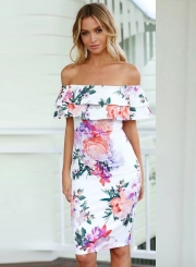 Fashion Slash Neck Floral Printed Ruffle Dress