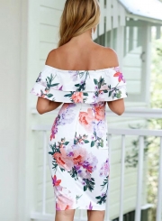 Fashion Slash Neck Floral Printed Ruffle Dress